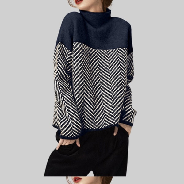 Kvinner Strikket Høst Vinter Genser Retro Flerfarget Halv Turtleneck Løs Lazy Inner Pullover Navy blue M