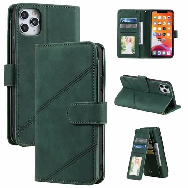 Etui til iPhone 14 grøn hudfølelse multi kort tryk linje kort slot flip wallet læder