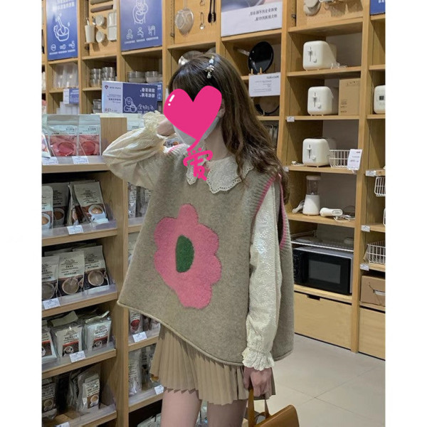 Kvinder Strik Efterår Vinter Sweater Koreansk Stil Blomstervest Slankende Løs rund hals Overtøj Khaki 60*110cm