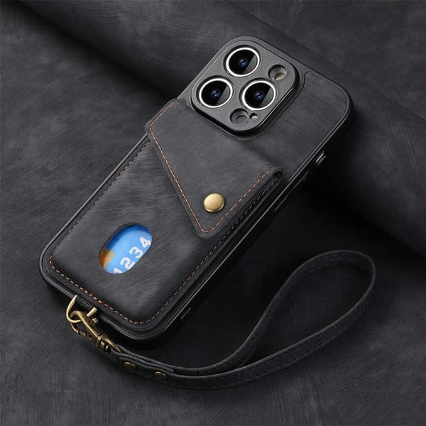 Etui til iPhone 14 svart skinn solid snor magnetisk spenne kortholder