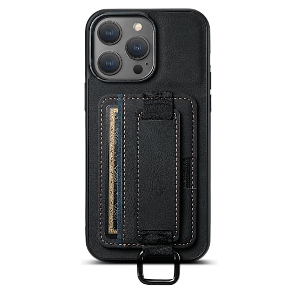 Kotelo iPhone 15 Plus H13 Litsi Musta Korttipaikka Ranneke Jalusta Nahka