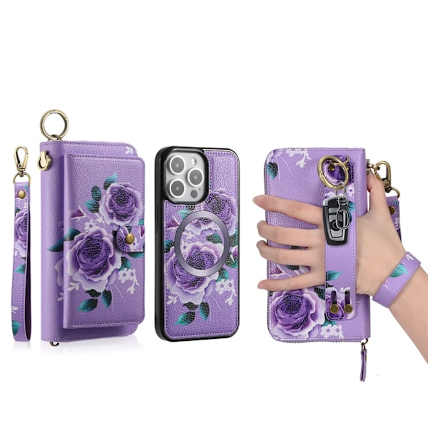 Fodral för iPhone 13 lila ros kortplånbok läder snodd retro magnetisk sugpropp