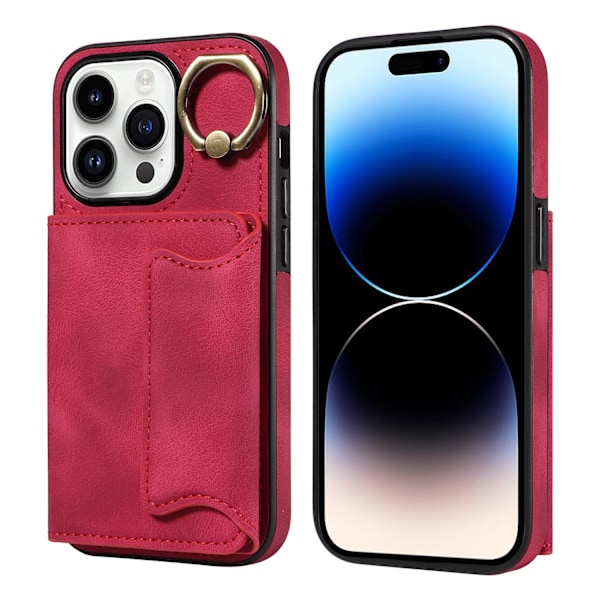 Kotelo iPhone 13 Pro -puhelimelle, viininpunainen, ihon tuntuinen sormirengas, solki, vasen ja oikea avattava korttipaikka lompakko