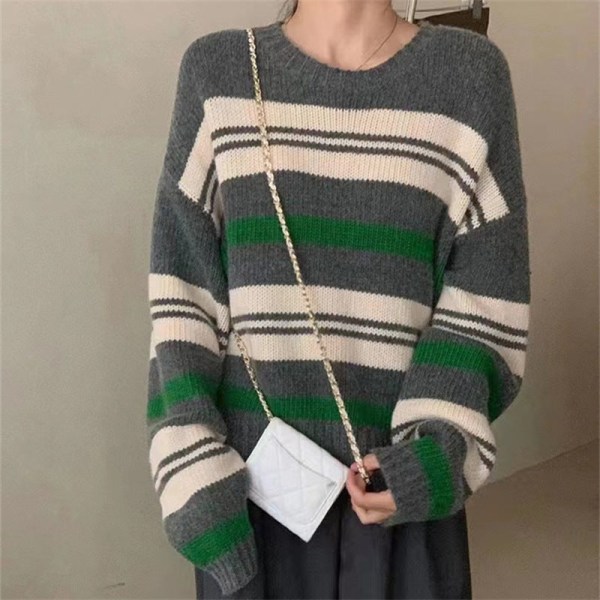 Kvinder Strik Efterår Vinter Sweater Vintage Stribet Pullover Løs Blød klæbende rund hals Gray 61*115*49cm