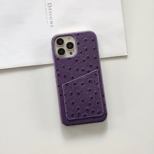 Kotelo iPhone 14 Pro Max -puhelimelle, violetti strutsimainen kuvio, kolikkokorttipidike, lämmönpoisto
