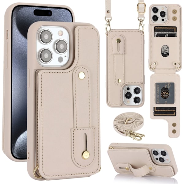 Skal för iPhone 14 Pro Max, mjölkvit, fallsäkert med armband och korthållare