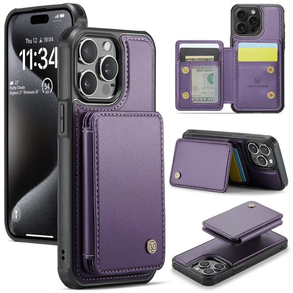 Etui til iPhone 15 Plus perlemorslilla avtakbart kortholder