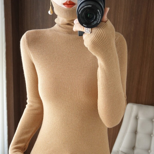 Kvinder strik efterår vinter sweater bunkekrave ensfarvet indre slid bundskjorte slim sweater Beige M