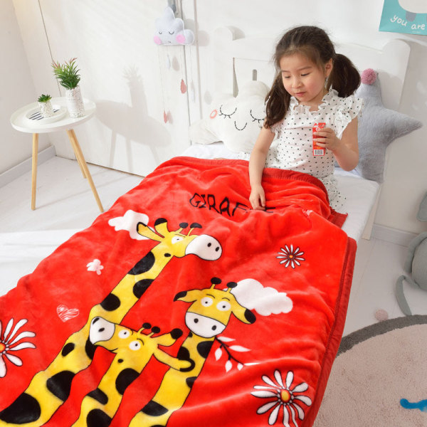 Børnetæppe Duplex filt fortykket Coral Fleece tæppe Børnehave lur Aircondition tæppe Giraffe [red]] 105*130cm