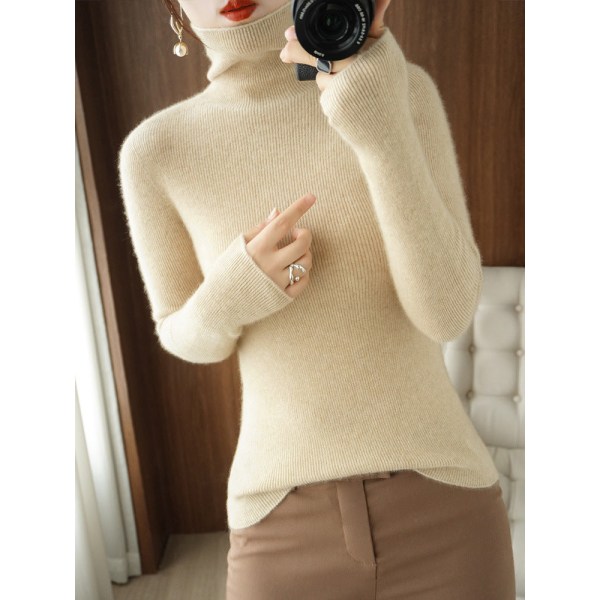 Kvinder Strik Efterår Vinter Sweater Yderbeklædning rullekrave Cashmere Sweater Pile Collar Pullover Beige S