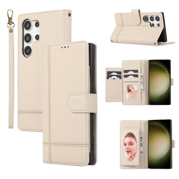 Etui til iPhone 15 Plus, hvit håndstropp, solid multi-kort mote lommebok, multi-funksjonskort