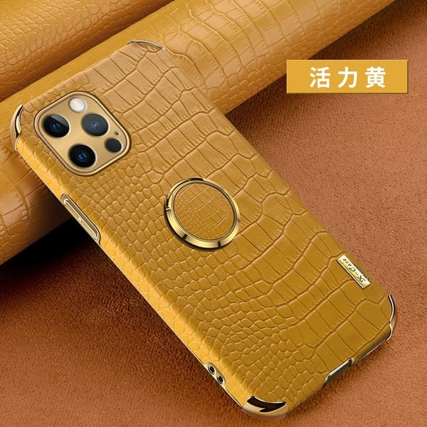 Fodral för iPhone 14plus gul [ringtyp] PU krokodilläder mjukt ringstativ komplett paket