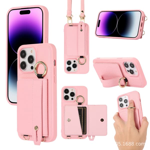 Etui til iPhone 13 Pro rosa kortholder med håndleddsstropp i lær