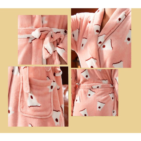 Lång flanell förtjockad morgonrock för damer, öppen front Coral Fleece-rock Mysig hempyjamas pink M