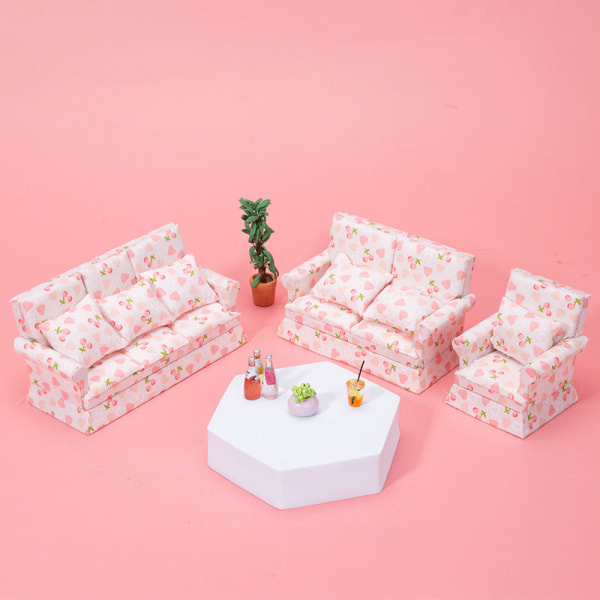 Miniaturemøbler Legetøj Dukker Hus DIY Dekoration Tilbehør Mini 1:12 Cherry Love Sofa Three-seat sofa