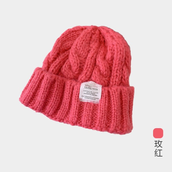 Varm vinterstrik Beanie Hatte Pure Color Japansk Uld Kvinder Koreansk Style Ørebeskyttelse Unisex Coarse knitted woolen cap-Rose Red M（56-58cm）