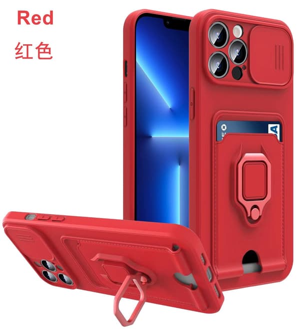 Etui til iPhone 13 Pro rød multifunksjon skyvevindu ring kortholder