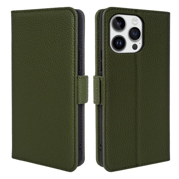 Etui til iPhone 15 Pro Max, grønt, fallsikkert, med stativ i imitert skinn