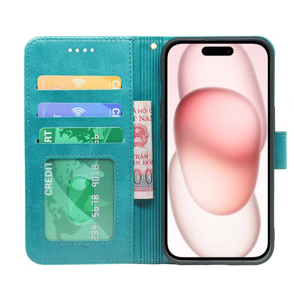 Etui til iPhone 14 Plus Cyan Flip Wallet Kalveskind Fotoramme Stativ Læder