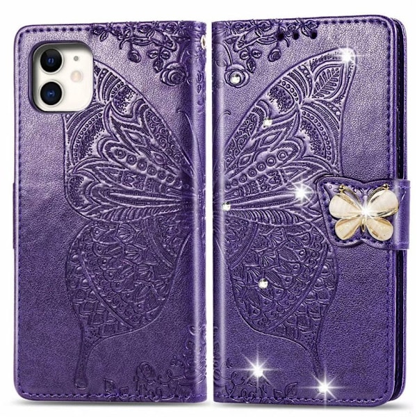 Fodral för iPhone 14 Pro mörklila diamantpräglad fjäril läder blomma platta
