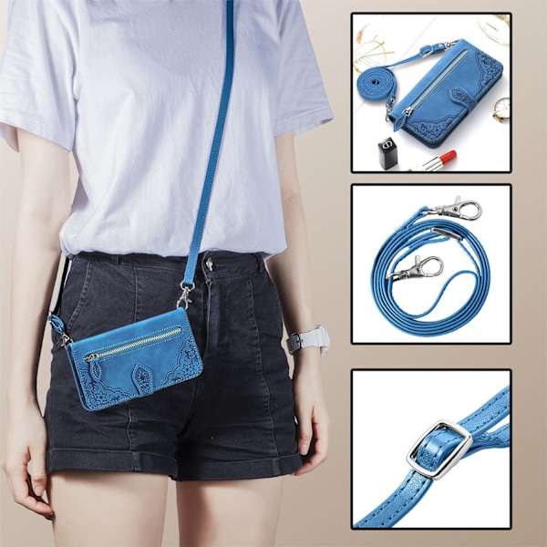 Fodral för iPhone 13 blått läder extra lång crossbody-snodd dragkedjeväska