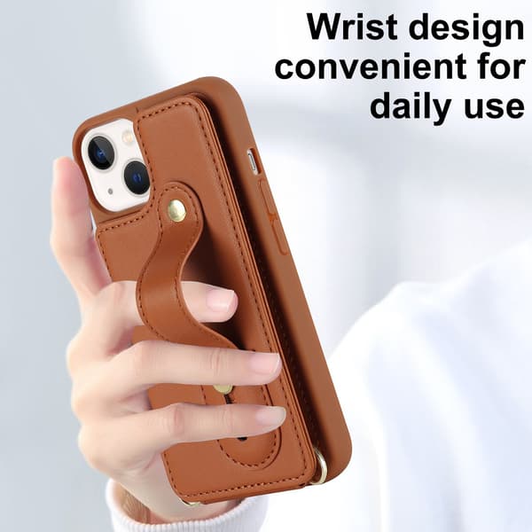 Etui til iPhone 15 Pro Max brun anti-fall håndleddsrem kortholder