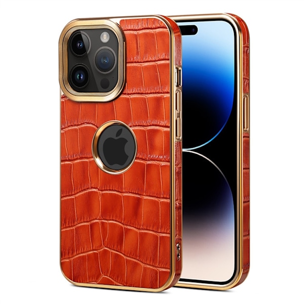 Fodral för iPhone 14 Pro brunt läder krokodilmönster kohud elektroplätering