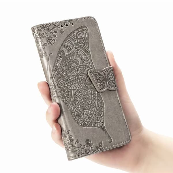 Etui til iPhone 15 Pro grå 3D blomst sommerfugl lær preget