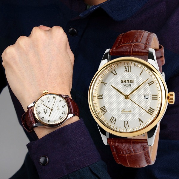 Miesten kellot Klassinen Business Belt Quartz Watch Teräsrannekello Watch Brown