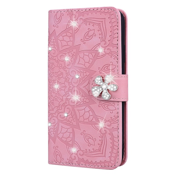 Fodral för iPhone 14 Pro rosa diamantpräglad solros läder diamant palats blomma kalvmönster
