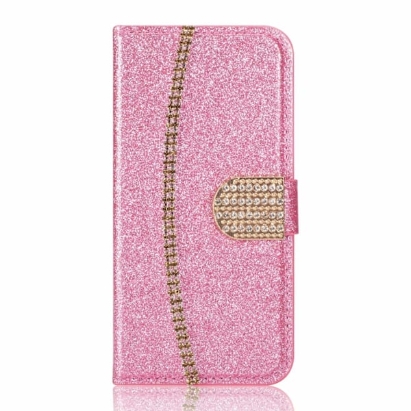 Kotelo iPhone 13 Pro -puhelimelle, vaaleanpunainen glitteri, korttipaikka, nahka, kultaketju, timanttilompakko