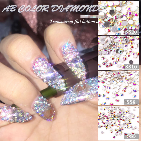 Negledekorasjoner for Nail Art Botting Drill Transparent AB Diamond DIY-dekorasjoner Gullbunn Sølvbunn SS20 White Diamond (4.7)288