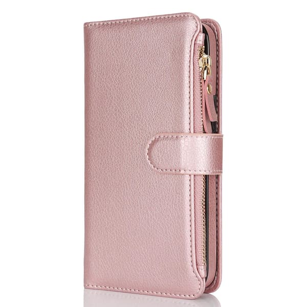 Etui til iPhone 13 Pro rosegull multifunksjonell solid glidelås armbånd lommebok multi cap leathe