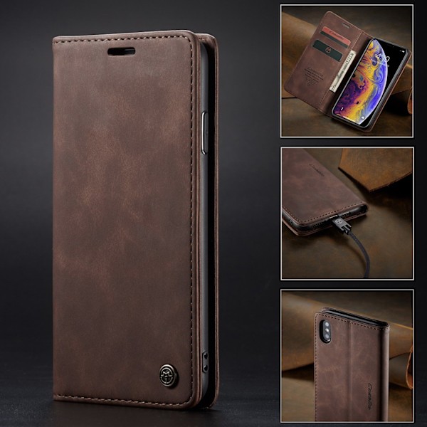 Fodral för iPhone 14plus kaffe multifunktionellt läder magnetisk kortplats flip