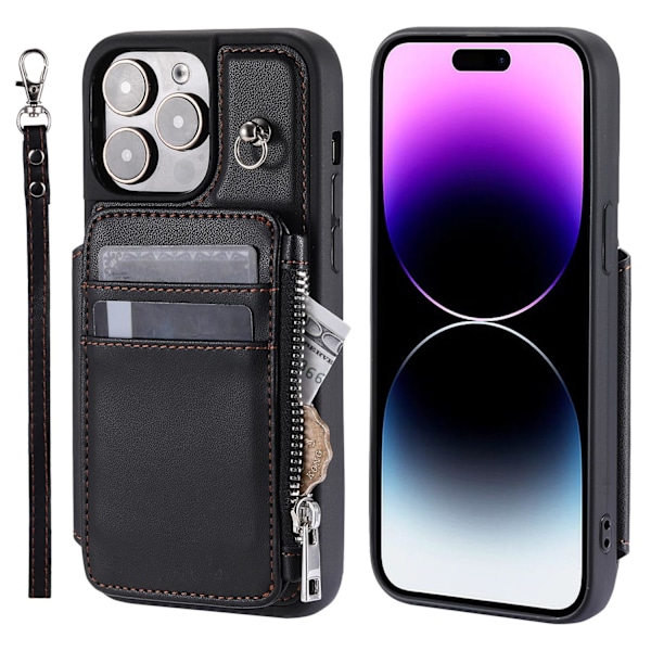 Etui til iPhone15 sort kort armbånd business multi kort lynlås pung kort slot