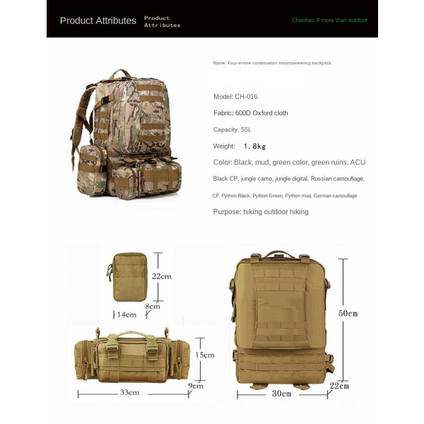 Kvinder pige rygsæk skuldertaske skoletaske Army Fan EMR Camouflage Kombination Bjergbestigning Udendørs Taktik Vandring Stor kapacitet Mangol Green 30*22*50cm