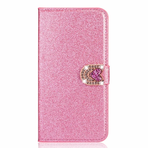 Fodral för iPhone 13 rosa glitter kärlek klistermärke diamant läder kortplats plånbok strass