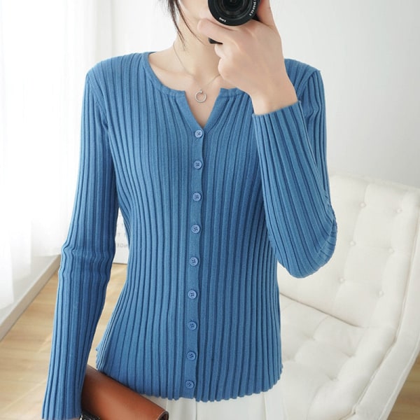 Damestrik efterår vinter sweater i koreansk stil bredstribet strik cardigan slim-fit jakke Blue M