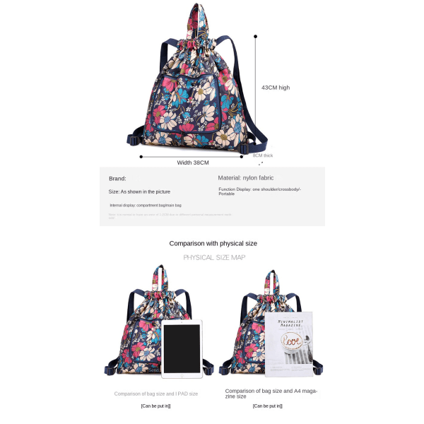 Naisten tytön reppu olkalaukku koululaukku kiristysnyöri Yksinkertainen vedenpitävä taitettava buggy-laukku Urheilukassi Kiristysnauha Laukku Matkailu Fantasy flowers