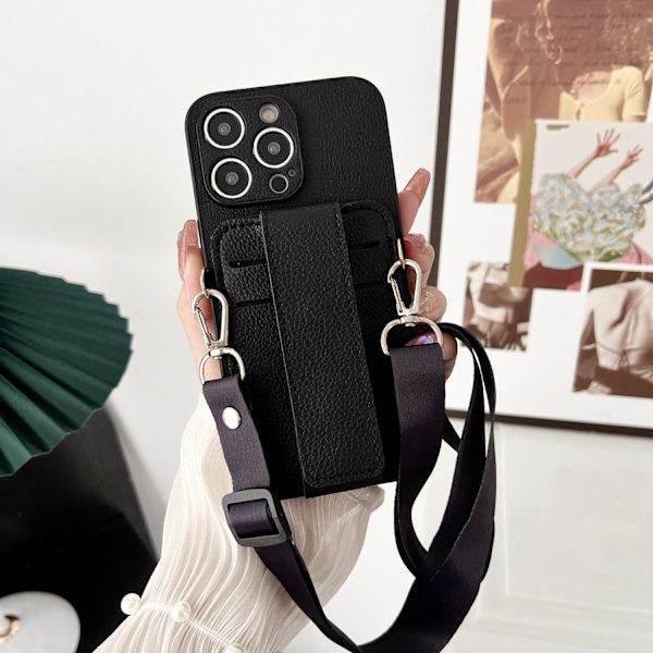 Etui til iPhone15promax 2 kortholder crossbody armbånd multifunktion