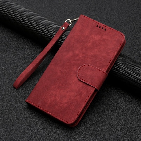Fodral för iPhone15Plus randigt dubbelvikt kant röd solid kant läder