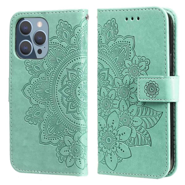 Etui til iPhone 14PRO grøn mandala læder kortholder flip stand