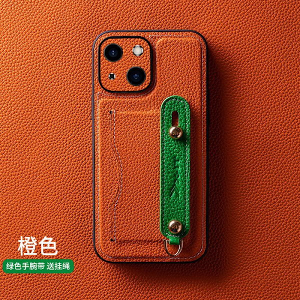 Fodral för iPhone15 Plus Ai Ma orange läder armband stativ snodd kortplats anti fall