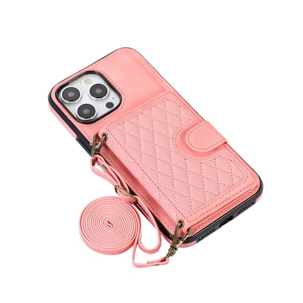 Etui til iPhone 15 Pro Max rosaguld snor diamant crossbody kortholder pung skulderrem