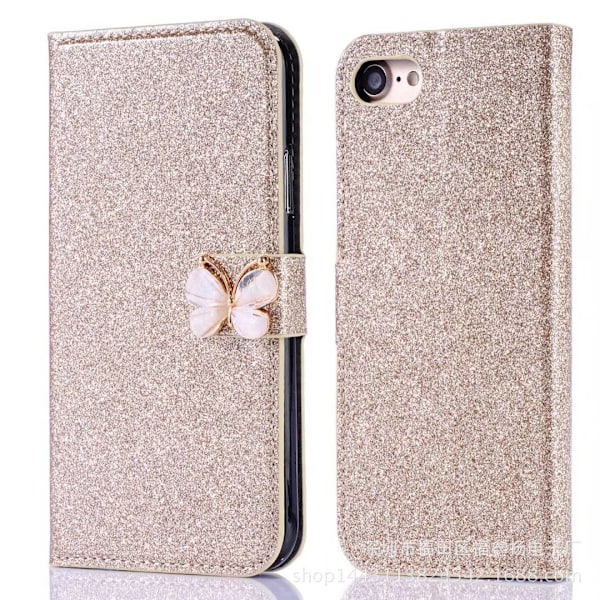 Kotelo iPhone 15 Plus -puhelimelle, kultainen rusetti, glitteri, timanttikoristeltu nahkainen korttipaikallinen lompakkokotelo