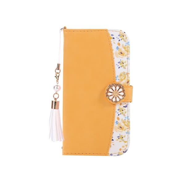 Etui til iPhone 15 Pro Max gul blomstret kort snor lær flip