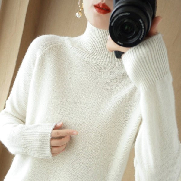 Kvinder strik efterår vinter sweater koreansk stil fortykket rullekrave Raglan bundskjorte løs White M