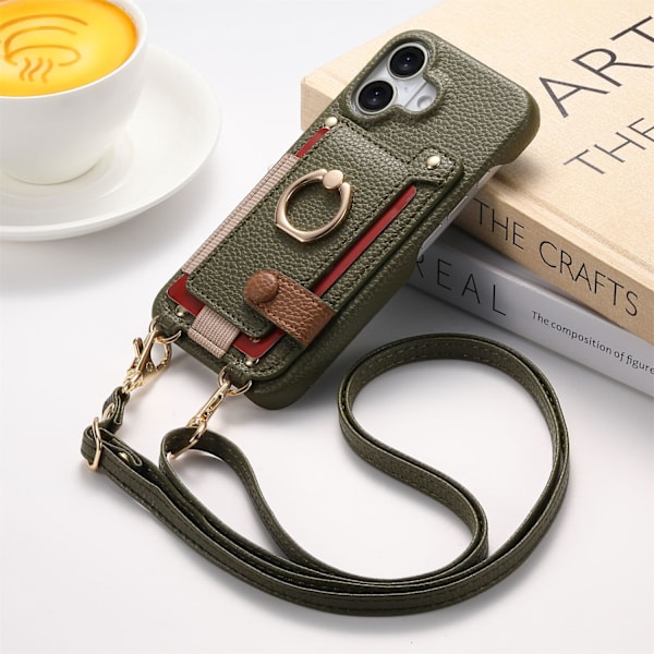 Etui til iPhone 14 midnatsgrøn crossbody lang lanyard kortopbevaring læder anti-fald