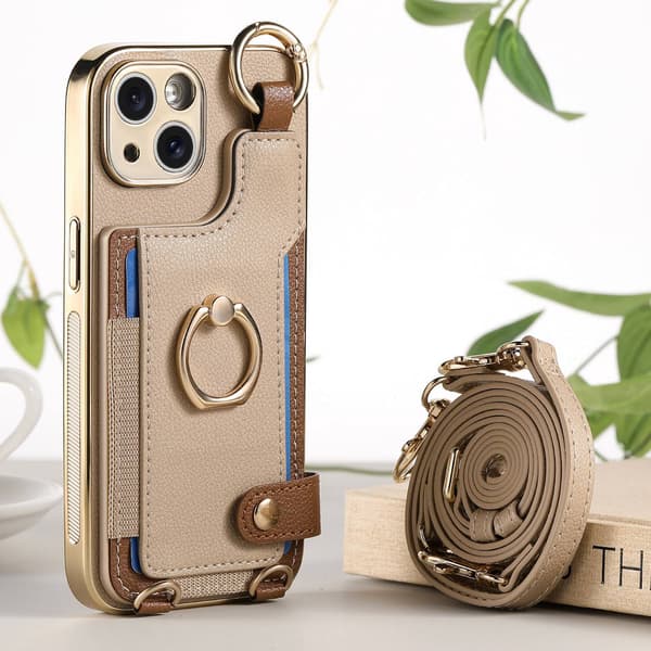 Etui til iPhone 16 Plus Khaki Mode Elektroplettering Multifunktionel Håndledsring Lang og Kort