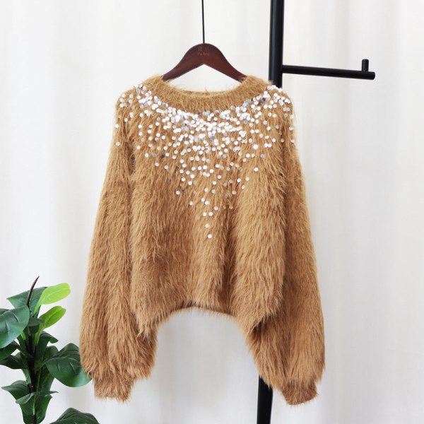 Kvinnor Stickat Höst Vinter Tröja Lös minkliknande Ull Pullover Paljetter Topp Beige 50*49*104cm